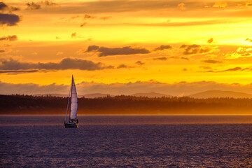A sailboat cruises on the ocean with a golden sunset in the background