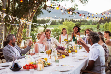 Young couple their guests sitting at table during wedding reception in garden