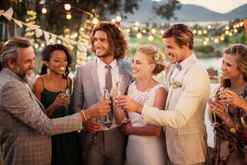 Young couple their guests champagne flutes during wedding reception in garden