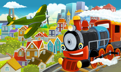 cartoon happy and funny scene of the middle of a city with flying plane and train locomotive illustration