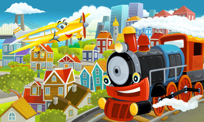 cartoon happy and funny scene of the middle of a city with flying plane and train locomotive illustration