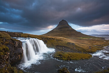 Scenic view of waterfall landscape, Kirkjufell, Snaefellsnes, Iceland