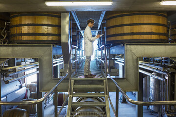 Vintner in lab coat on platform in winery cellar