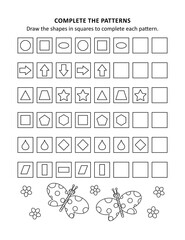 Educational math activity sheet and coloring page for kids to learn and practice basic skills of recognising patterns and shapes
