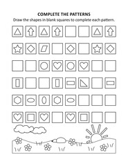 Educational math activity sheet and coloring page for kids to learn and practice basic skills of recognising patterns and shapes
