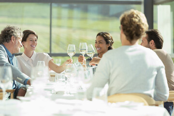 Friends toasting wine glasses in sunny restaurant