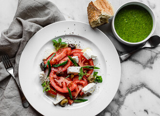 Tomato Feta Salad, garden pesto.