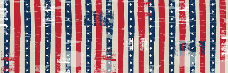 Obraz premium Banner with grunge USA background with stars and striped lines. Decorative American banner suitable for background, headers, posters, cards, website. Vector illustration