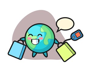 Earth cartoon holding a shopping bag