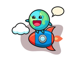 Earth cartoon riding a rocket