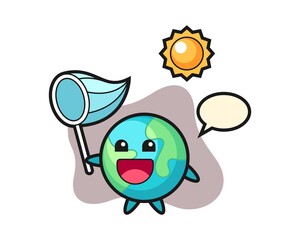 Earth cartoon catching butterfly