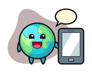 Earth cartoon holding a smartphone