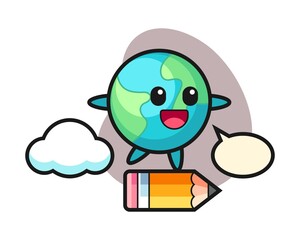 Earth cartoon riding on a giant pencil