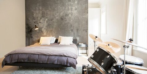 Drum set in modern bedroom