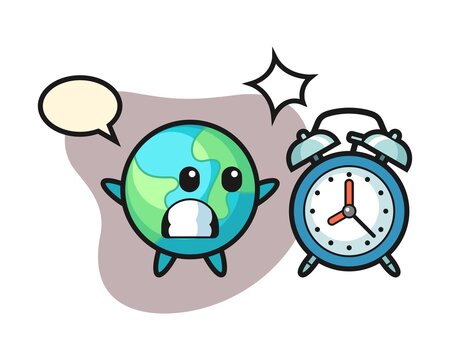 Earth cartoon surprised with a giant alarm clock