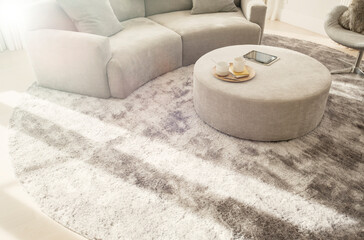 Round rug under curved sofa and ottoman in living room