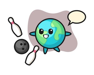 Earth cartoon playing bowling