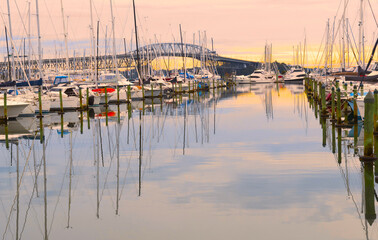 Fototapeta na wymiar Mooring Boats at Westhaven Marina Auckland New Zealand; Auckland Harbour Bridge as the Background