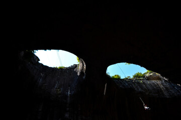 Prohodna cave in Bulgaria with two eye-like holes, knows as God's Eyes