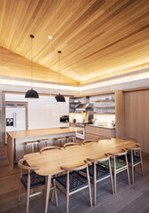 Illuminated slanted wood ceiling over kitchen