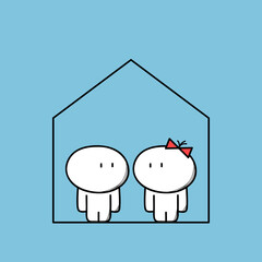 Cute man and woman at home. Living together and family life, house purchase and apartment rent cartoon vector illustration.