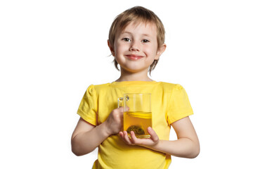 Cute little Girl dressed in yellow t-shirt holding a mug with lemon tea