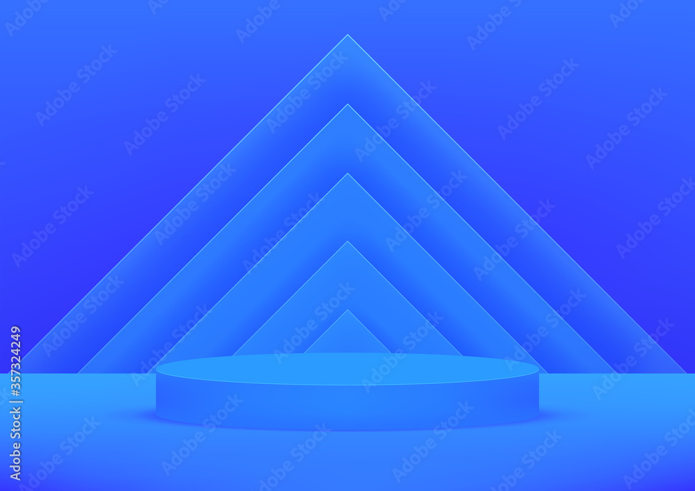 Poster empty podium studio blue background for product display with copy space. showroom shoot render. bann