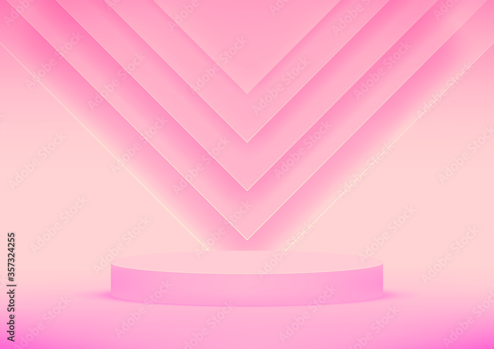 Poster empty podium studio pink background for product display with copy space. showroom shoot render. bann