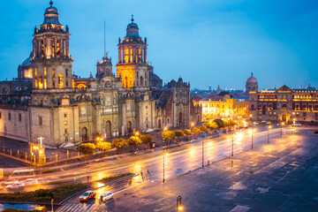 Fototapeta na wymiar Metropolitan Cathedral and President's Palace in Zocalo, Center of Mexico City Mexico Sunrise night