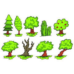 Simple Vector Design of a Cactus, The Apple Tree, Pine Tree, Tree and Dry Tree in Green