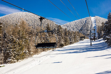 View at the ski slopes piste in the mountains of Angel Fire, New Mexico