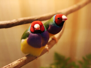 Effect painting of little birds on branch.
