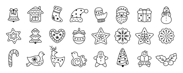 Christmas icon flat cartoon set. Sign New year, icons collection bird, holly, house, deer and candy, snowflakes, sock, Christmas tree, bell, star. Isolated vector illustration