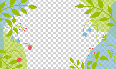 Transparent bright card with floral elements. Trendy creative empty background. Floral frame design, botanical abstract composition. Space for text, banner, card, posters or flyer. Vector illustration