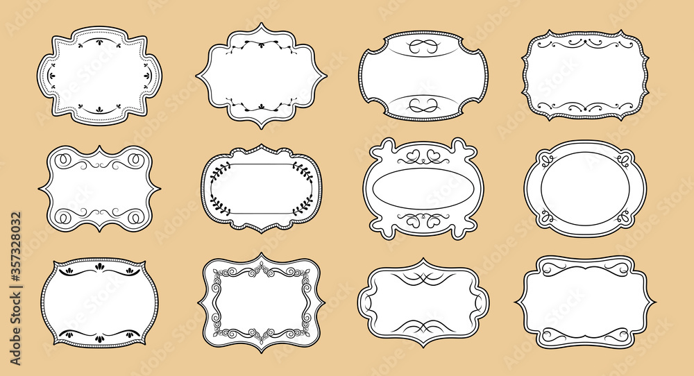 Wall mural label ornamental blank frames set. craft elegant royal ornate sticker tag. decorative vintage empty 