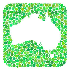 Map of Australia mosaic formed with rounded rectangle and subtracted space. Vector map of Australia mosaic of filled circles in different sizes and green color tones.
