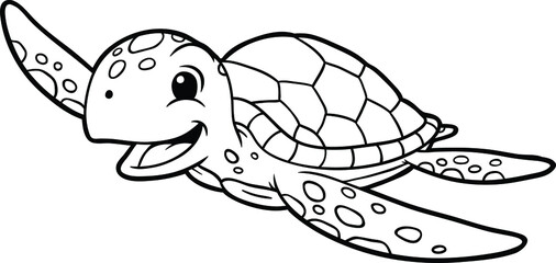 Vector Cartoon Happy Sea Turtle Line Art