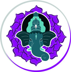 Hindu Lord Ganesha over ornate colorful mandala. Vector illustration. Elephant design, boho pattern, psychedelic ornaments. Ethnic poster, spiritual art, yoga. Indian god Ganesha symbol. 
