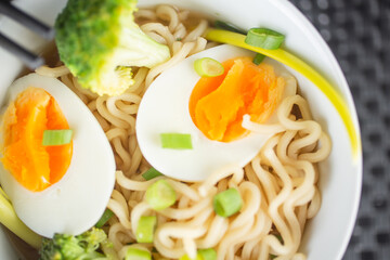 Vegetarian Noodles meatless with green broccoli and egg