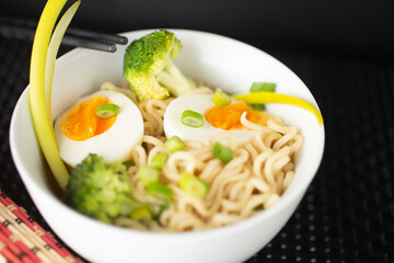 Vegetarian Noodles meatless with green broccoli and egg