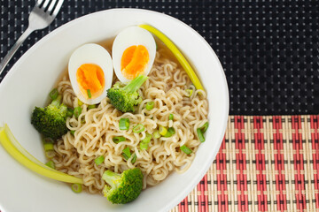 Vegetarian Noodles meatless with green broccoli and egg