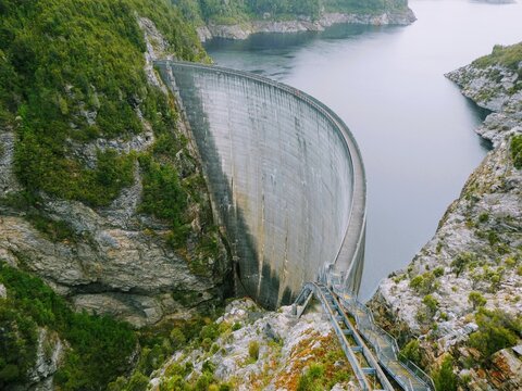 The Gordon River Dam is a gated double curvature concrete arch dam in South West Tasmania, Australia and creates hydro-electric power that was built in 1974.