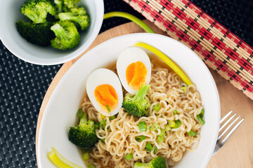 Vegetarian Noodles meatless with green broccoli and egg