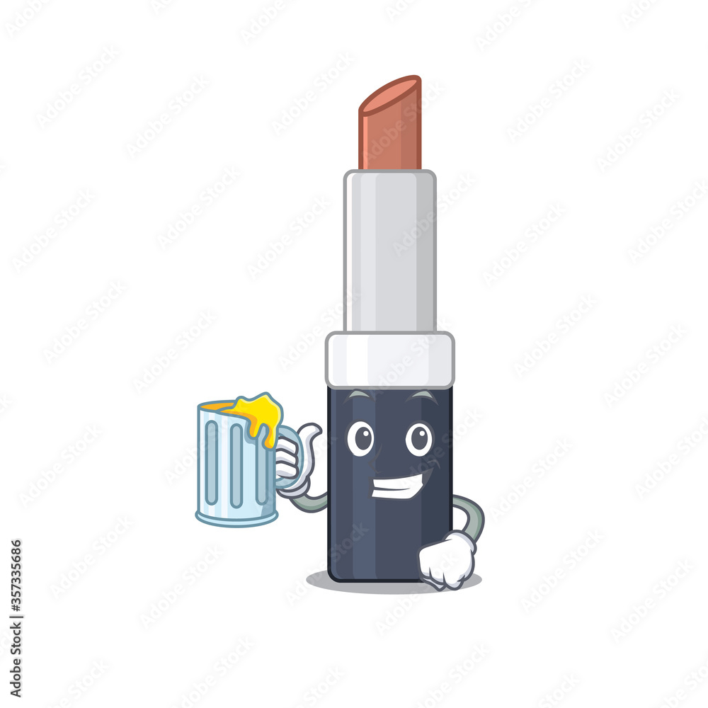 Sticker A cartoon concept of brown lipstick with a glass of beer