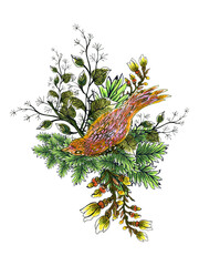 Amazon paradise botanical blossom foliage bouquet watercolor colorful compose by hand on white