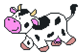 Cow pixel art on white background.