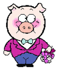 Pig pixel art on white background.