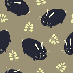 dark blue rabbit on green khaki background semless pattern with leaves