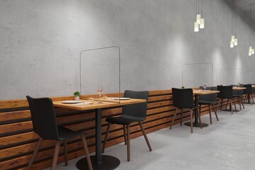 Social distancing restaurant with Glass protect from COVID-19 viruses 3d rendering