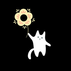 white cat with beige flower on black background